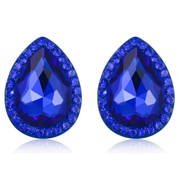 Blue with Sapphire Blue Austrian Crystal Teardrop Stud Post Back Earrings - Picture 1 of 4